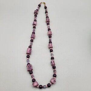 Vintage Freirich Mixed Materials Bead Necklace Wood Glass Resin Purple